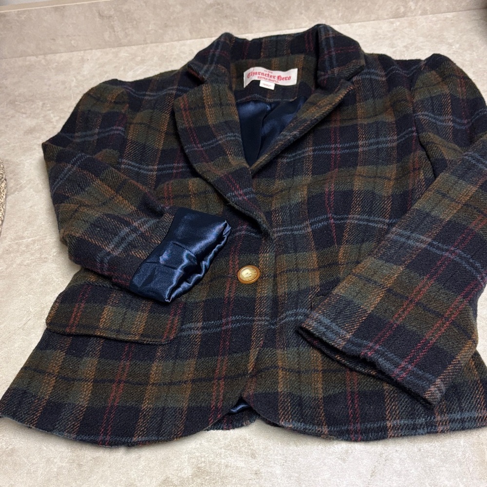 Tweed Plaid Tailored Blazer Jacket - Multicolor (Navy & Olive)